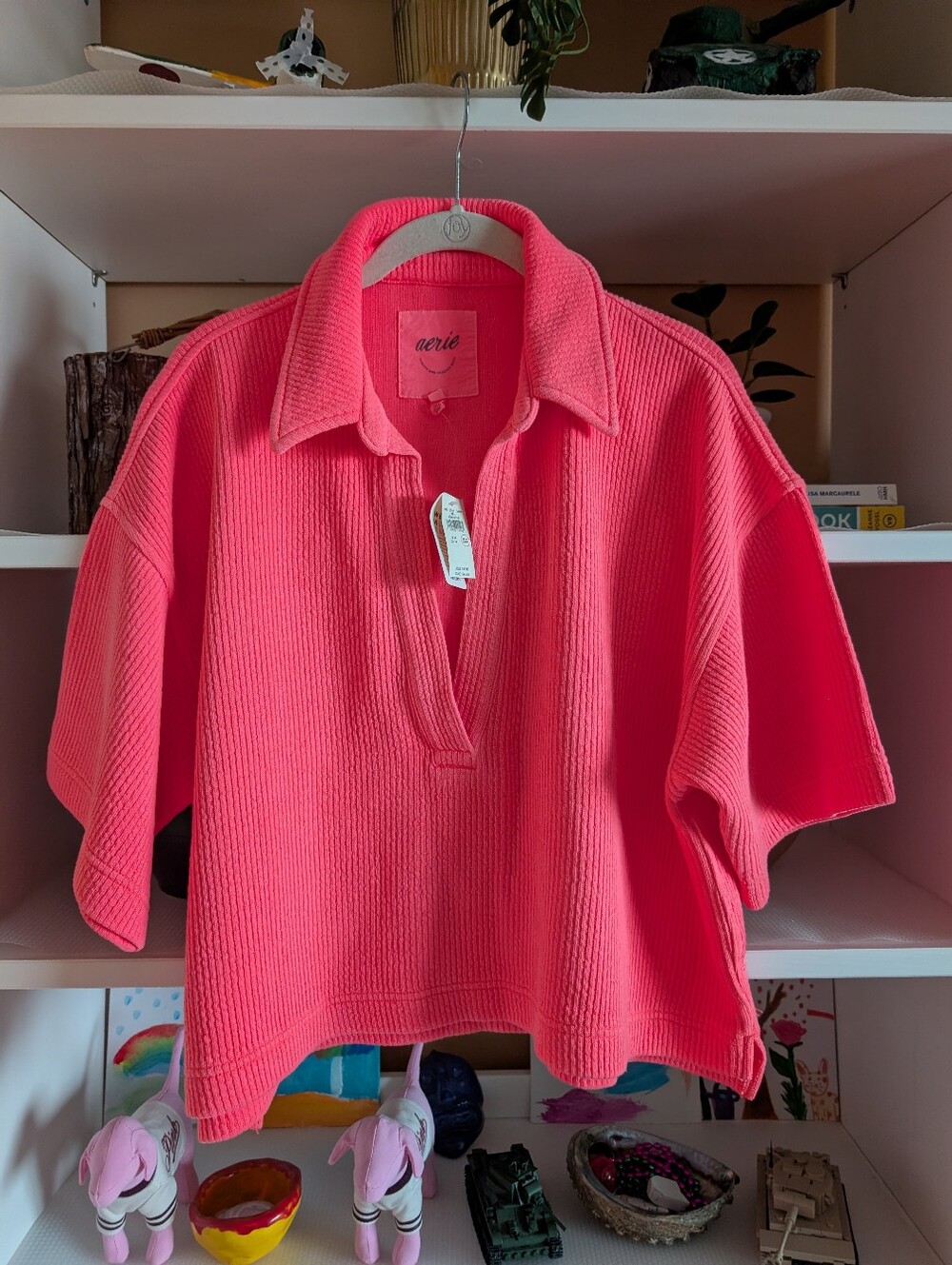 Aerie Waffle Knit Collared Oversized Short Sleeve Polo Shirt